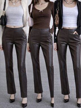 Vintage Danier Chocolate Brown Genuine Leather Pants 90s Mid Rise Straight Leg